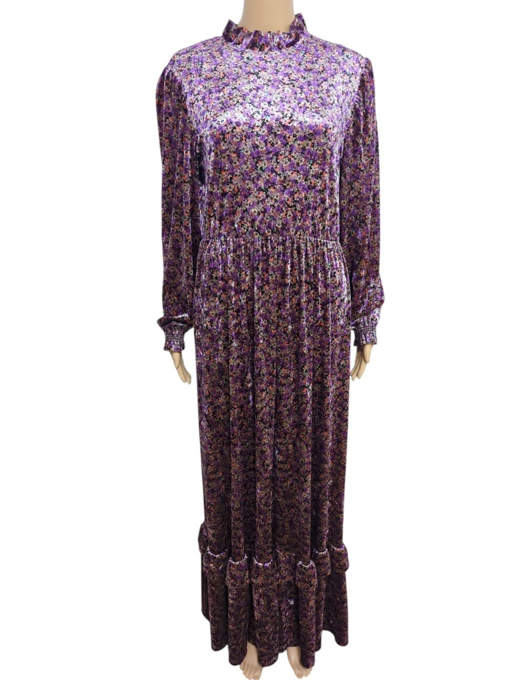 Vintage Purple Velvet Floral Maxi Dress Ruffle Mock Neck Ren Fair Whimsigoth M - Picture 2 of 9